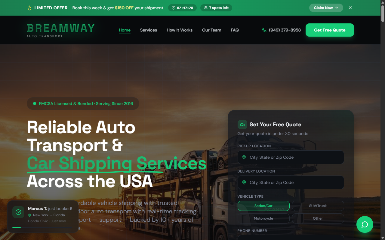 Breamway — Nationwide Auto Transport & Instant Quote Engine